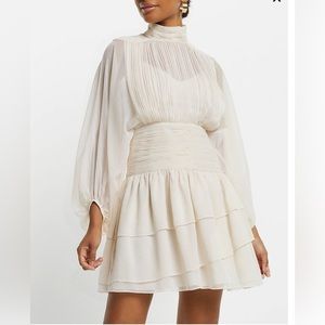 Express Mock Neck Long Sleeve Pleated Waist Tiered Ruffle Mini Dress. NWT